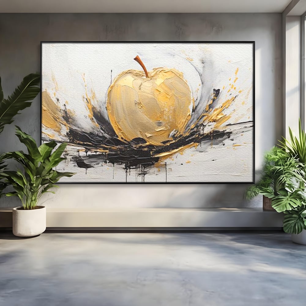 Tablou canvas cu pictura abstracta cu un mar auriu, in rama de aluminiu negru